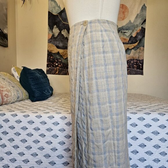 Vintage Talbots Linen Blend Wrap Skirt Size 8 Blue Beige Check Plaid Midi USA - Picture 8 of 14